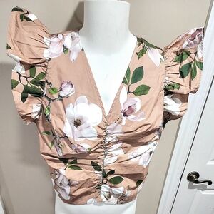 NWT Express Floral V-Neck Flutter Sleeve Ruched Top Size XL
